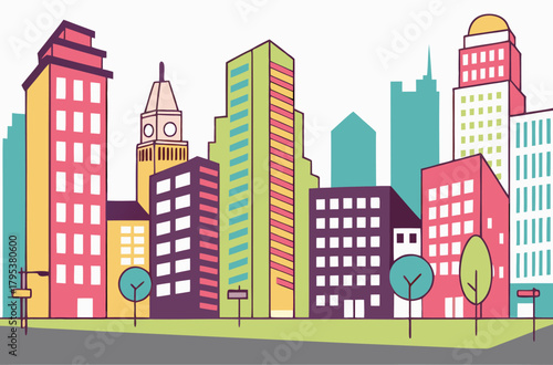 Colorful cityscape with trees and buildings