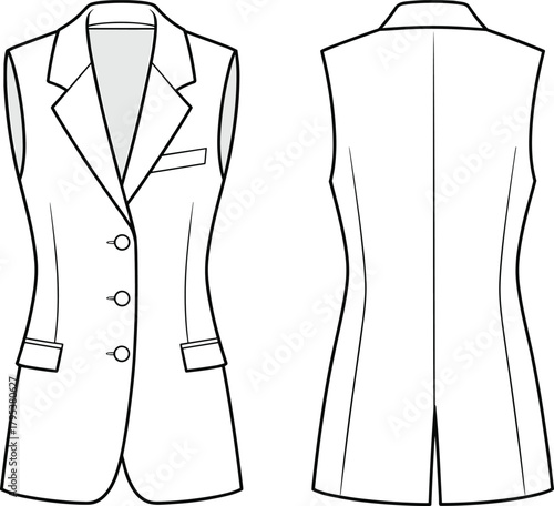 Sleeveless tailored longline vest fashion flat technical sketch vector illustration drawing with peak lapel, flap pockets, and back vent.