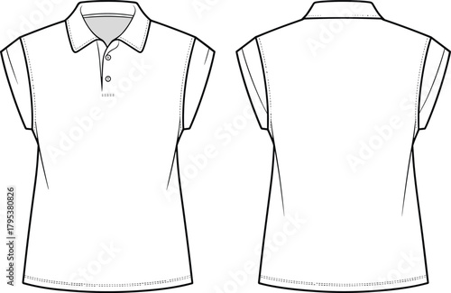 Sleeveless knit polo shirt fashion flat technical sketch vector illustration drawing with button placket, collar, and rib trim.