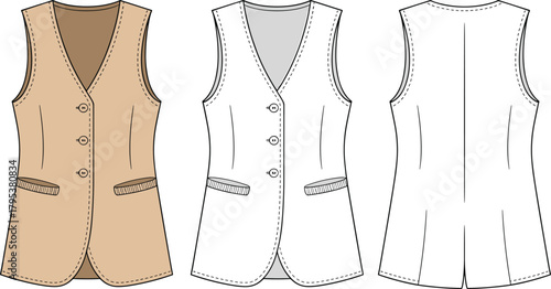 Longline tailored V-neck waistcoat fashion flat technical sketch vector illustration drawing with button front, welt pockets, and back pleats.