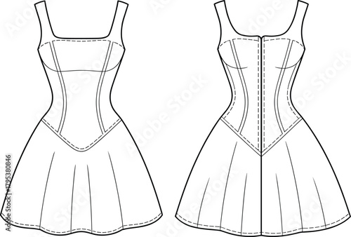 Fitted mini corset dress fashion flat technical sketch vector illustration drawing with square neck, zippered back, and flared skirt.