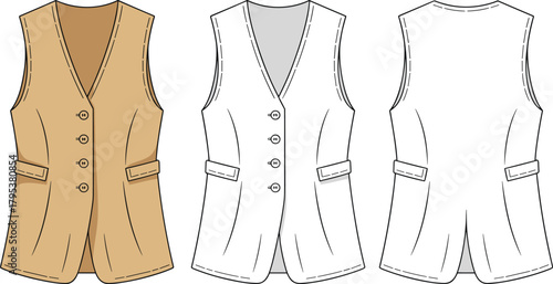 Tailored button-up waistcoat fashion flat technical sketch vector illustration drawing with V-neck, flap pockets, and back vent detail.