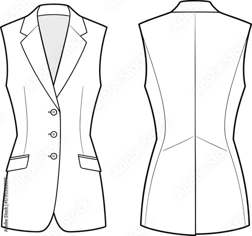 Tailored fitted waistcoat fashion flat technical sketch vector illustration drawing with lapel collar, button front closure, and flap pockets.