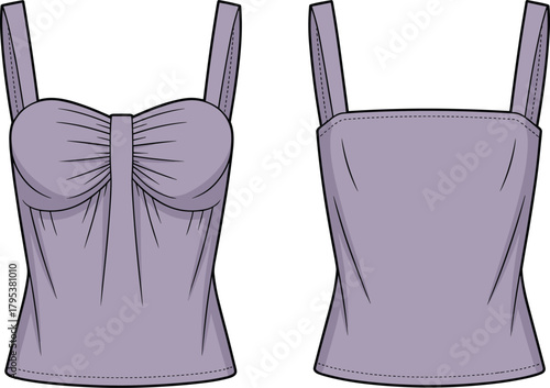 Sweetheart gathered bust camisole fashion flat technical sketch vector illustration drawing with thick straps and fitted body shape.