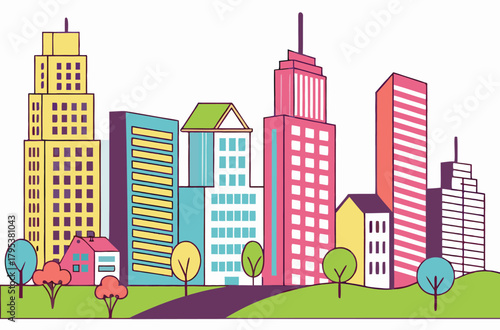 Colorful cityscape with trees and houses