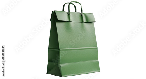 A Plain Green Paper Shopping Bag with Twisted Handles Stands Isolated Against a Black Background Representing Retail and Eco-Friendly Packaging