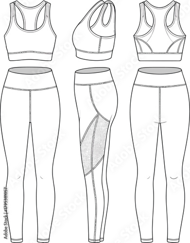 Athletic mesh panel leggings set fashion flat technical sketch vector illustration drawing with racerback sports bra and hidden pockets.