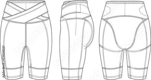 Athletic biker shorts fashion flat technical sketch vector illustration drawing with criss-cross waistband and ergonomic curved seams.