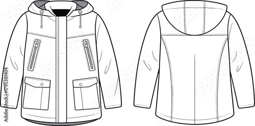 Hooded technical parka jacket fashion flat technical sketch vector illustration drawing with zipped pockets, flap pockets, and storm placket.