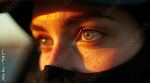 Close-up of a young woman with green eyes and freckles. She wears a black face covering and a dark hat. The sunlight highlights her features.