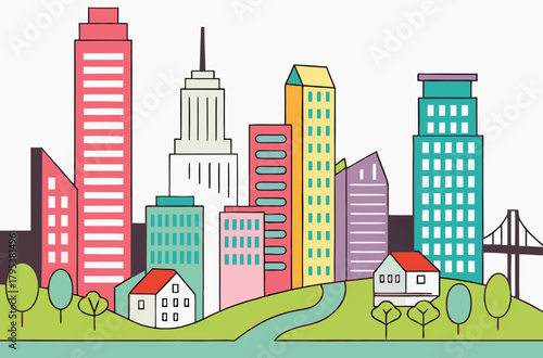 Colorful cityscape skyline with trees and houses