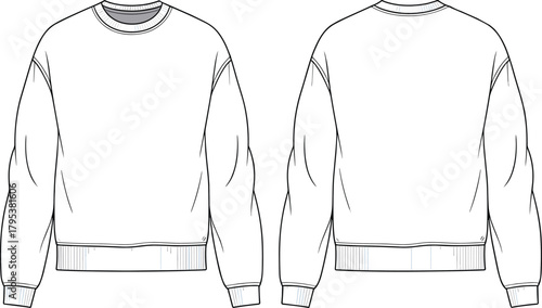 Oversized drop shoulder sweatshirt fashion flat technical sketch vector illustration drawing with crew neck and ribbed trims.