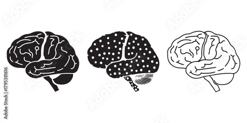 Set of three stylized human brain illustrations with varying designs Vector, illustration