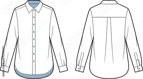 Fitted classic long-sleeve women's button-up shirt fashion flat technical sketch vector illustration drawing with cuffs and collar.