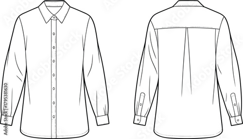Classic long sleeve collared button-down shirt apparel technical fashion flat sketch vector illustration template front and back view outline mock-up.