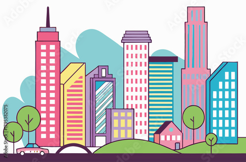 Colorful cityscape with trees and a car