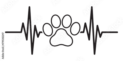 Paw print heartbeat line graphic emblem with black outline on white Vector, illustration