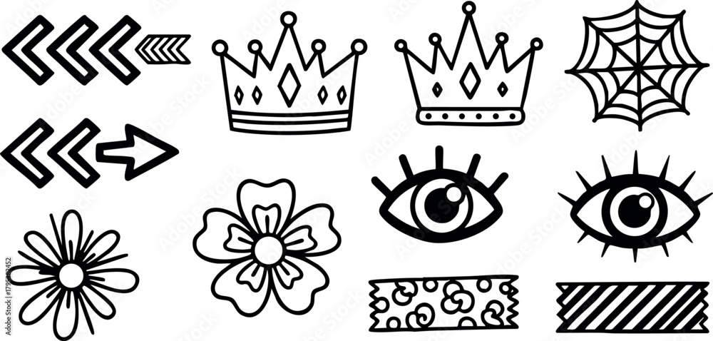 Fototapeta premium Decorative simple black line art icons including arrows, crowns, eyes, flowers, web, and patterns vector set for design elements