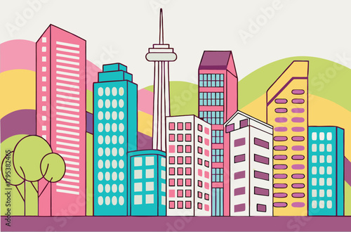 Colorful cityscape with CN Tower and green trees