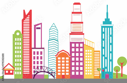 Colorful cityscape skyline with bridge and trees