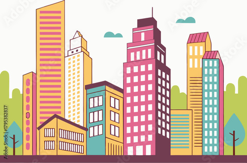 Colorful cityscape skyline with modern buildings