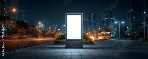 Blank Billboard Mockup Night Cityscape, Vertical Composition, Bright Light, Advertising, Urban Background Billboard, Mockup