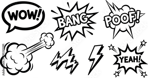 Comic style black and white speech bubbles and sound effects with wow bang poof and yeah vector illustration