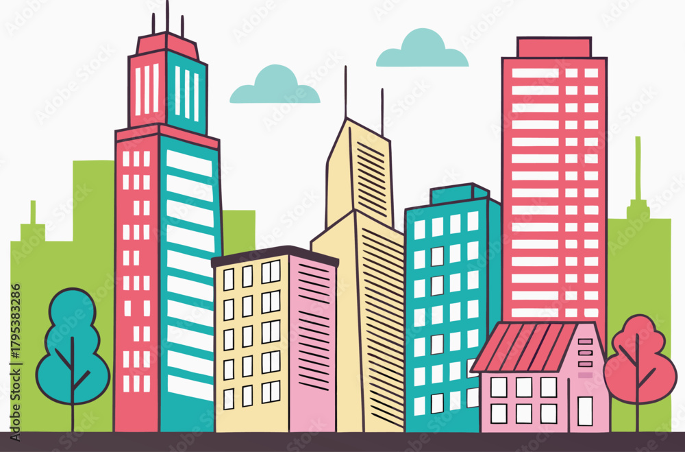Fototapeta premium Colorful cityscape with trees and clouds