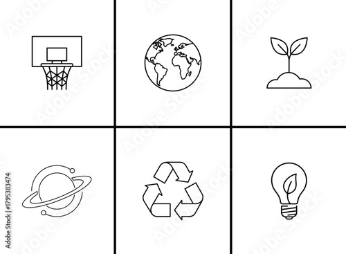 Collection of simple line art icons for nature sports space and environment