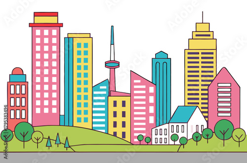 Colorful cityscape with trees and green hill