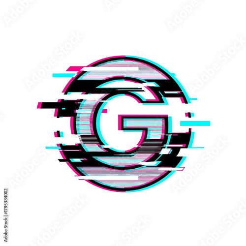 Capital letter G inside a circle with a digital glitch distortion effect on a white background.