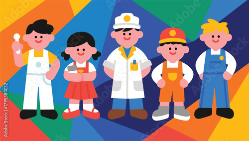 Illustration Of A Group Of Small Children Wearing Work Clothes Vector Design Template