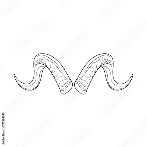 Symmetrical black and white line art illustration of curved ram horns isolated on a white background.