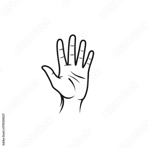 Black and white line art illustration of an open human hand with fingers spread, palm facing forward, isolated on a white background.