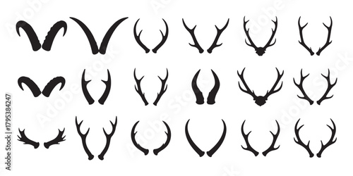 Collection of stylized animal antlers and horns silhouettes Vector, illustration