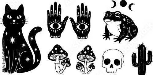 Black mystical cat with stars and magic hands with eyes, toad and mushrooms with skull and cactus vector illustration