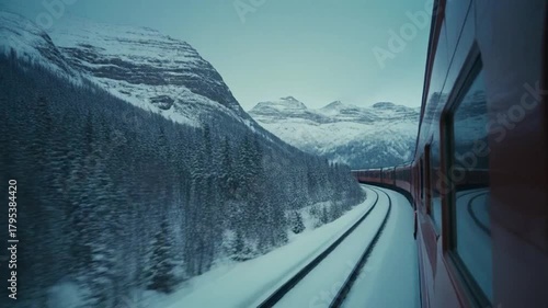 Passenger train traveling through snow-covered mountain landscape