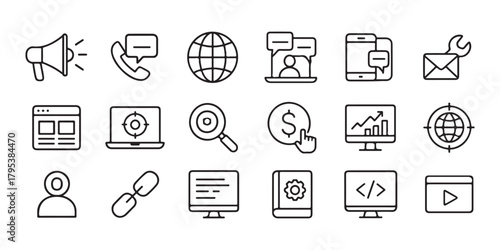 Digital marketing and seo icons set in outline style Vector, illustration