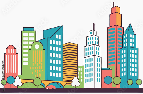 Colorful cityscape skyline with trees and a car