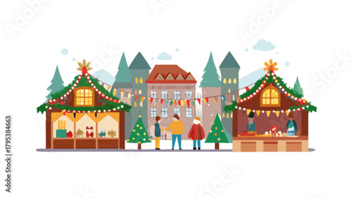 Christmas market vector illustration with stalls people and trees holiday season celebration winter fair design