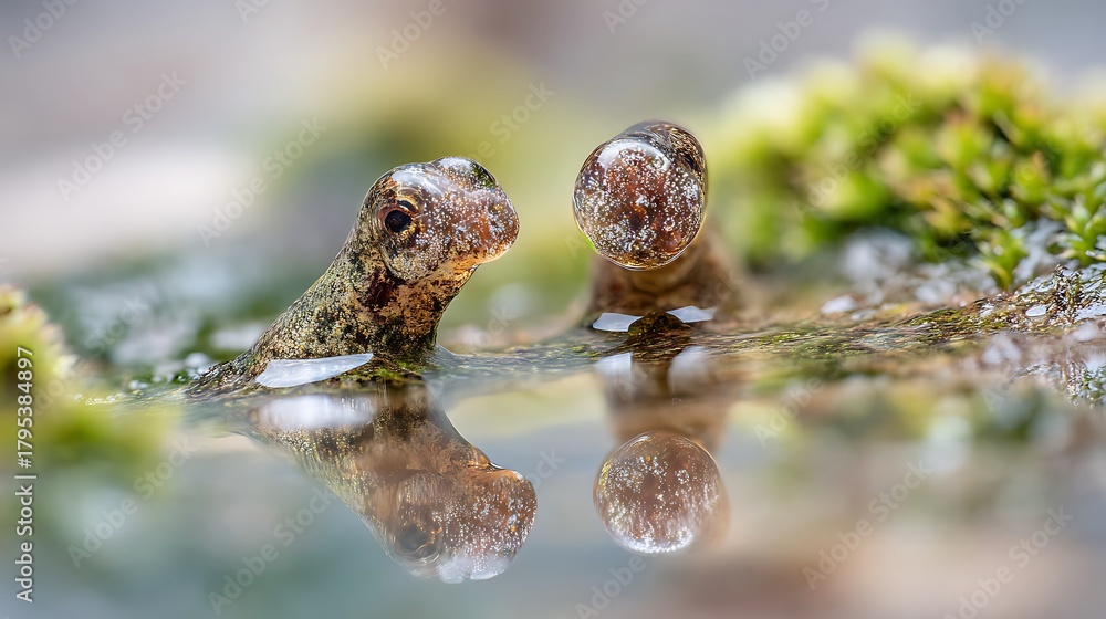 Obraz premium Tiny amphibian heads reflecting in shallow pond close up