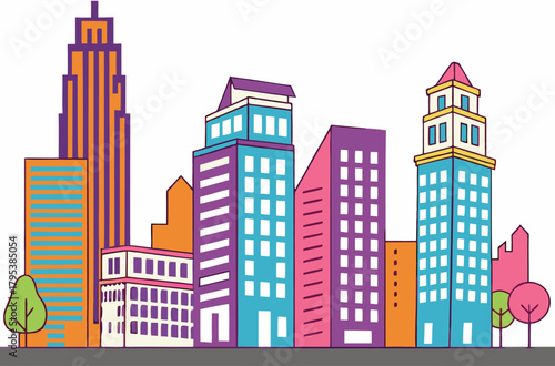 Colorful city skyline with trees and buildings
