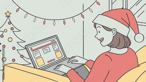 Christmas shopping online woman on laptop with santa hat and christmas tree at home concept design