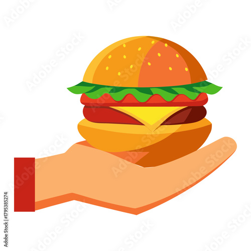 Hand holding hamburger fast food cheeseburger bun vector art illustration