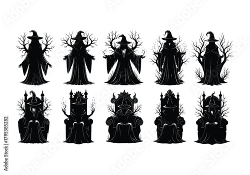 Witch silhouettes with magic and thrones