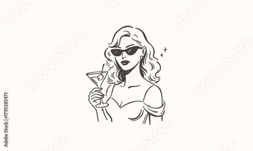 Vintage Retro Woman, Martini Illustration, Cocktail Lady Vector, Retro Woman Logo, Pin-Up Style Art, Woman Holding Drink, Martini Glass Drawing, Bar Lounge Artwork, Vintage T-Shirt Design, Retro