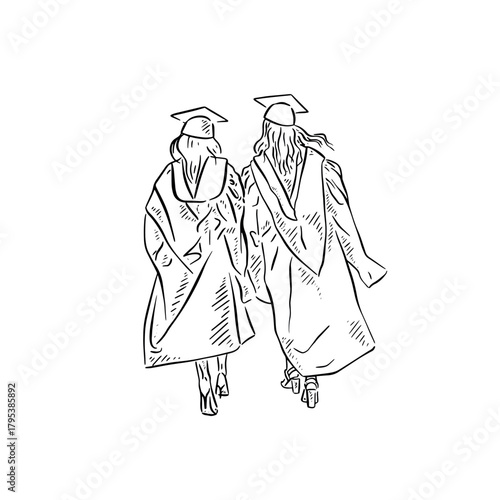 Two girls walking wearing graduation gowns and heels.