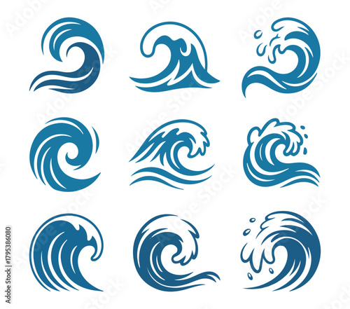 A set of nine distinct, stylized illustrations of blue ocean waves, showcasing various shapes and dynamic movements.
