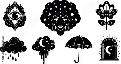 Mystic black and white vector set of eye symbol, afro woman, floral design, rainy cloud, umbrella, and celestial window illustration