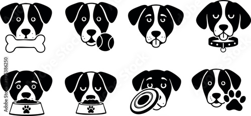 Dog icons with various playful expressions and accessories including bone, ball, collar, bowl, frisbee, and paw vector set